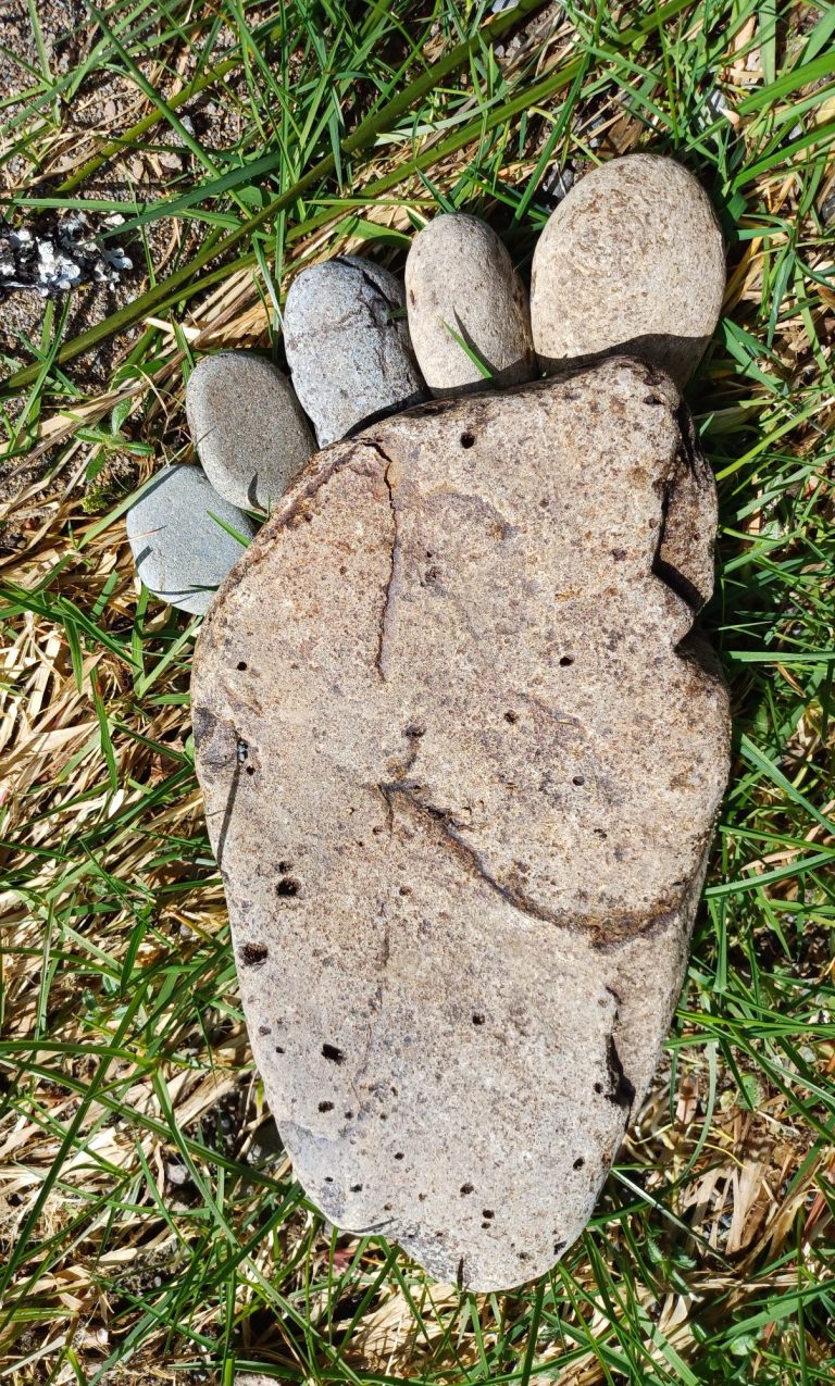 Photo of pebbles and a stone on grass in the shape of a foot. The pebbles as toes and the stone as the body of the foot. 