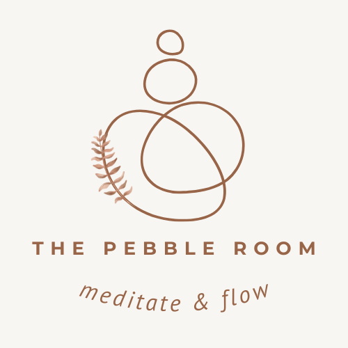 The Pebble Room logo with a lined drawing of four various sized pebbles in the vague shape of a person, and a fern growing up the left hand side, with the words meditate and flow at the base. Brown lines on a cream background